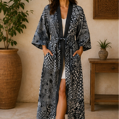 Vintage Kantha Quilt Black Kimono Robe — Handmade Cotton Dressing Gown