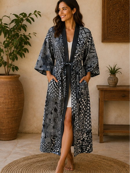 Vintage Kantha Quilt Black Kimono Robe — Handmade Cotton Dressing Gown