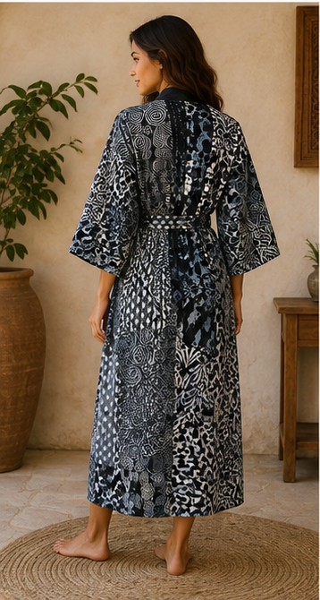Vintage Kantha Quilt Black Kimono Robe — Handmade Cotton Dressing Gown