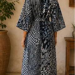 Vintage Kantha Quilt Black Kimono Robe — Handmade Cotton Dressing Gown