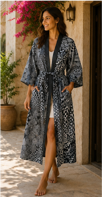 Vintage Kantha Quilt Black Kimono Robe — Handmade Cotton Dressing Gown