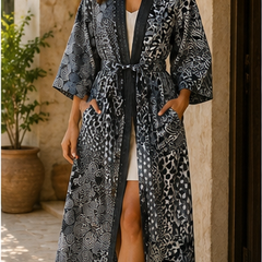 Vintage Kantha Quilt Black Kimono Robe — Handmade Cotton Dressing Gown