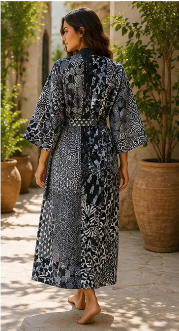 Vintage Kantha Quilt Black Kimono Robe — Handmade Cotton Dressing Gown