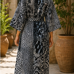 Vintage Kantha Quilt Black Kimono Robe — Handmade Cotton Dressing Gown