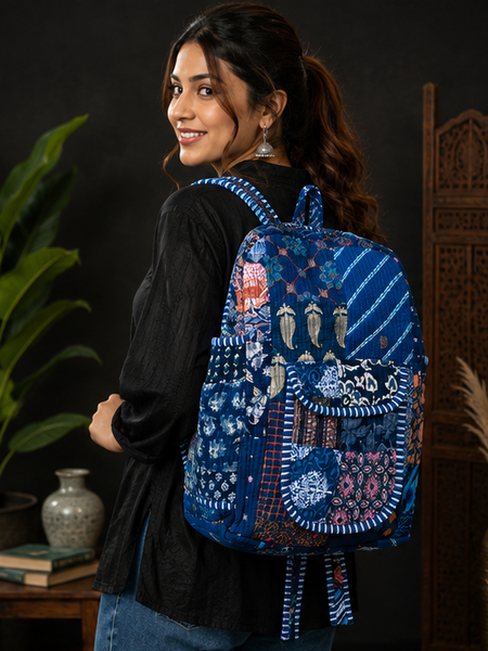 Cotton Quilted Patchwork Backpack – Screen Nevy Blue Printed Indian Tote Bag - kraafty-com