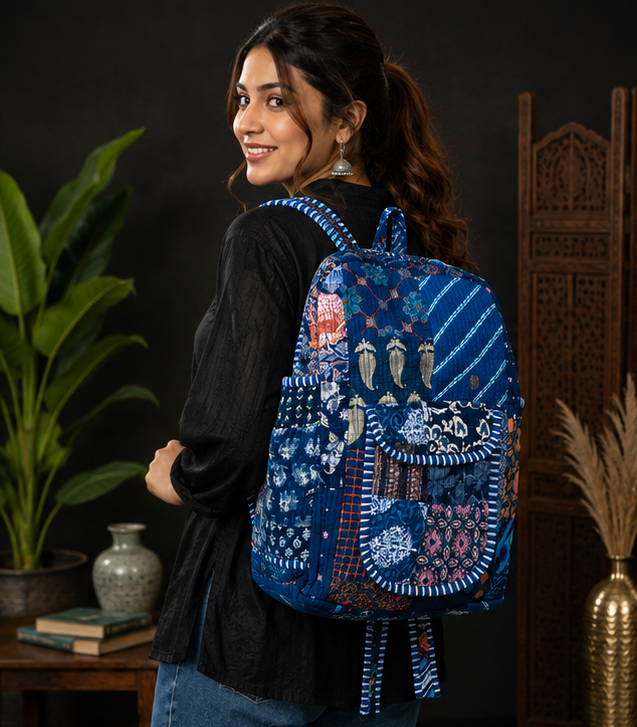 Cotton Quilted Patchwork Backpack – Screen Nevy Blue Printed Indian Tote Bag - kraafty-com