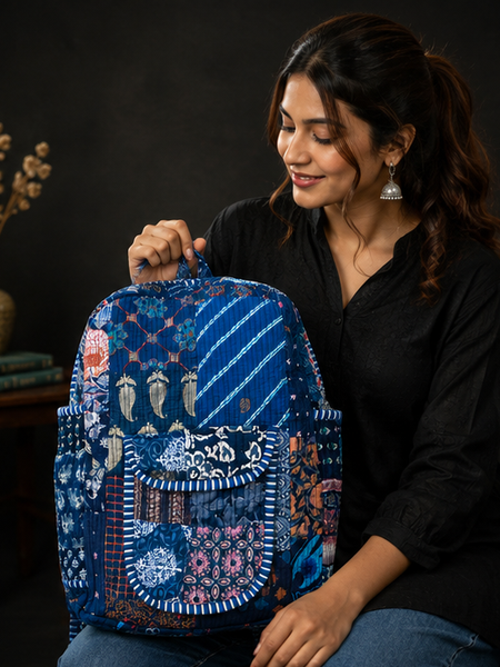 Cotton Quilted Patchwork Backpack – Screen Nevy Blue Printed Indian Tote Bag - kraafty-com