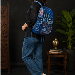 Cotton Quilted Patchwork Backpack – Screen Nevy Blue Printed Indian Tote Bag - kraafty-com