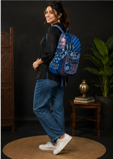 Cotton Quilted Patchwork Backpack – Screen Nevy Blue Printed Indian Tote Bag - kraafty-com