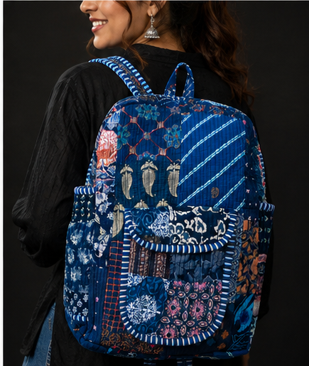 Cotton Quilted Patchwork Backpack – Screen Nevy Blue Printed Indian Tote Bag - kraafty-com
