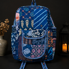 Cotton Quilted Patchwork Backpack – Screen Nevy Blue Printed Indian Tote Bag - kraafty-com