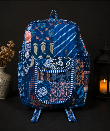 Cotton Quilted Patchwork Backpack – Screen Nevy Blue Printed Indian Tote Bag - kraafty-com