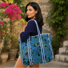 Handmade Cotton Tote Bag | Reversible Blue Floral Quilted Beach Bag - kraafty-com