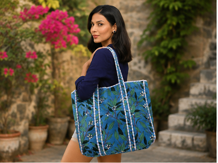 Handmade Cotton Tote Bag | Reversible Blue Floral Quilted Beach Bag - kraafty-com
