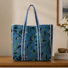 Handmade Cotton Tote Bag | Reversible Blue Floral Quilted Beach Bag - kraafty-com