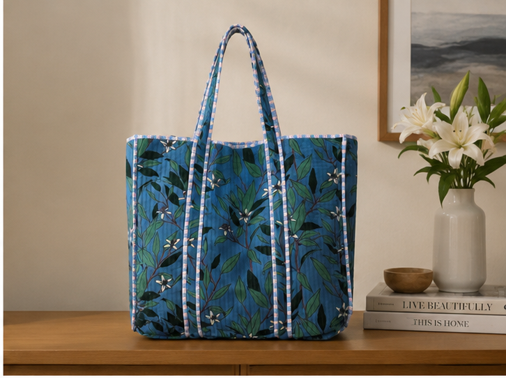 Handmade Cotton Tote Bag | Reversible Blue Floral Quilted Beach Bag - kraafty-com