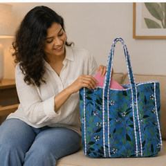 Handmade Cotton Tote Bag | Reversible Blue Floral Quilted Beach Bag - kraafty-com