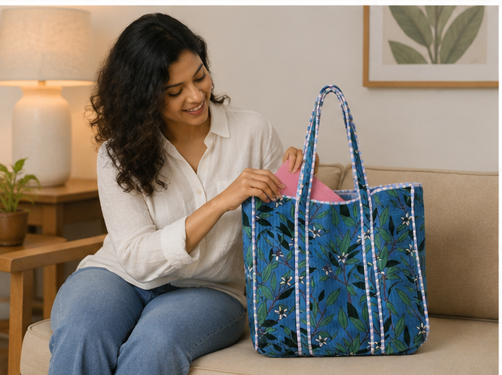 Handmade Cotton Tote Bag | Reversible Blue Floral Quilted Beach Bag - kraafty-com