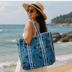 Handmade Cotton Tote Bag | Reversible Blue Floral Quilted Beach Bag - kraafty-com