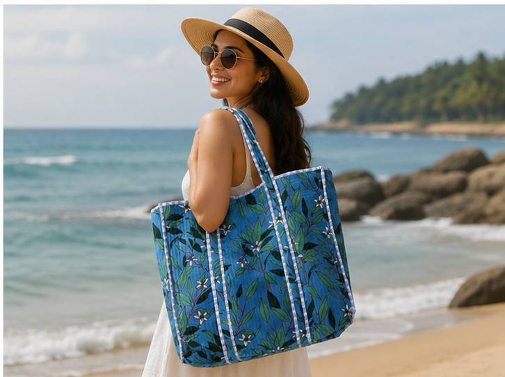 Handmade Cotton Tote Bag | Reversible Blue Floral Quilted Beach Bag - kraafty-com