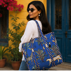 Quilted Cotton Tote Bag | Jungle-Printed Reversible Blue Beach Bag for Women