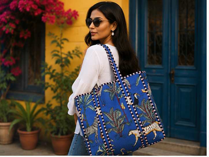 Quilted Cotton Tote Bag | Jungle-Printed Reversible Blue Beach Bag for Women