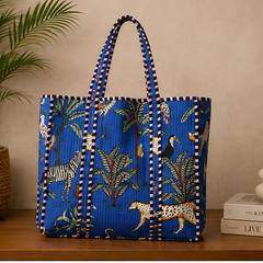 Quilted Cotton Tote Bag | Jungle-Printed Reversible Blue Beach Bag for Women
