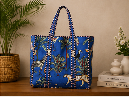 Quilted Cotton Tote Bag | Jungle-Printed Reversible Blue Beach Bag for Women - kraafty-com