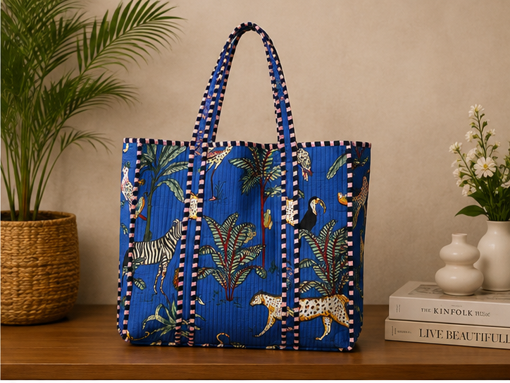 Quilted Cotton Tote Bag | Jungle-Printed Reversible Blue Beach Bag for Women