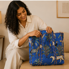 Quilted Cotton Tote Bag | Jungle-Printed Reversible Blue Beach Bag for Women