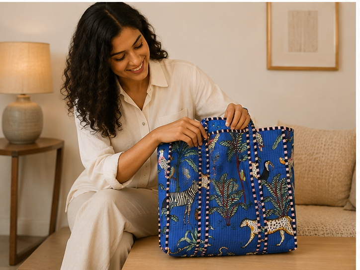 Quilted Cotton Tote Bag | Jungle-Printed Reversible Blue Beach Bag for Women