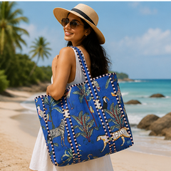 Quilted Cotton Tote Bag | Jungle-Printed Reversible Blue Beach Bag for Women