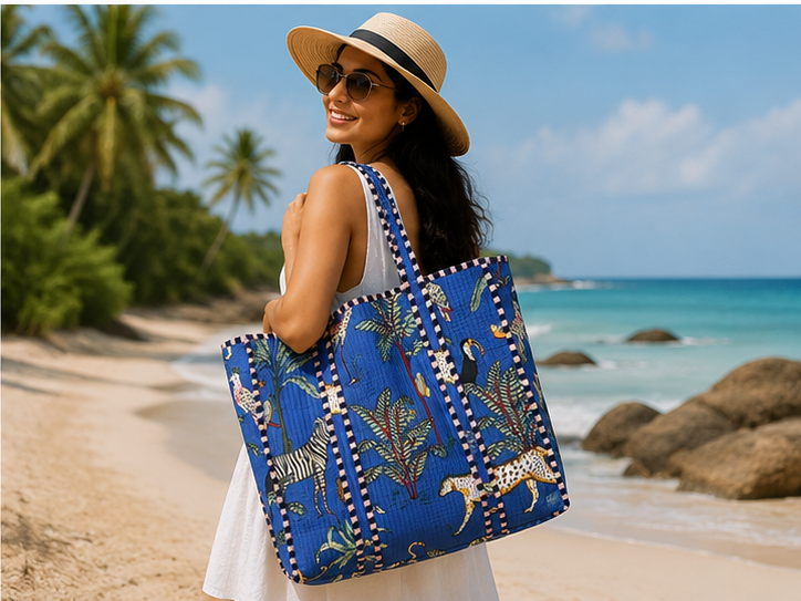 Quilted Cotton Tote Bag | Jungle-Printed Reversible Blue Beach Bag for Women