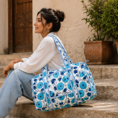 Hand-Printed Quilted Cotton Blue Tote Bag for Women | Reversible Beach Tote | 18x18 Ethnic Canvas Bag - kraafty-com