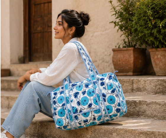 Hand-Printed Quilted Cotton Blue Tote Bag for Women | Reversible Beach Tote | 18x18 Ethnic Canvas Bag - kraafty-com