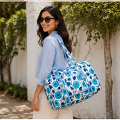 Hand-Printed Quilted Cotton Blue Tote Bag for Women | Reversible Beach Tote | 18x18 Ethnic Canvas Bag - kraafty-com