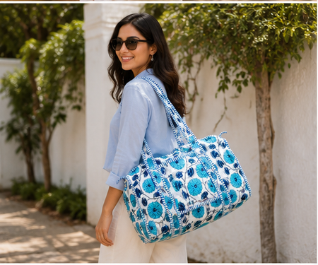 Hand-Printed Quilted Cotton Blue Tote Bag for Women | Reversible Beach Tote | 18x18 Ethnic Canvas Bag - kraafty-com