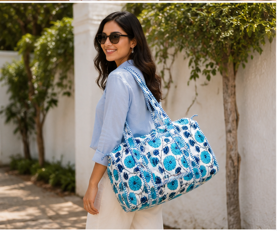 Hand-Printed Quilted Cotton Blue Tote Bag for Women | Reversible Beach Tote | 18x18 Ethnic Canvas Bag - kraafty-com