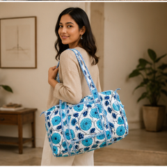 Hand-Printed Quilted Cotton Blue Tote Bag for Women | Reversible Beach Tote | 18x18 Ethnic Canvas Bag - kraafty-com