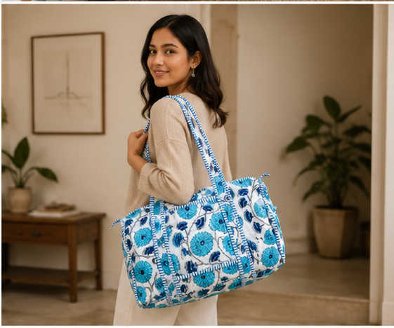 Hand-Printed Quilted Cotton Blue Tote Bag for Women | Reversible Beach Tote | 18x18 Ethnic Canvas Bag - kraafty-com