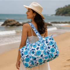 Hand-Printed Quilted Cotton Blue Tote Bag for Women | Reversible Beach Tote | 18x18 Ethnic Canvas Bag - kraafty-com