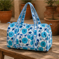 Hand-Printed Quilted Cotton Blue Tote Bag for Women | Reversible Beach Tote | 18x18 Ethnic Canvas Bag - kraafty-com
