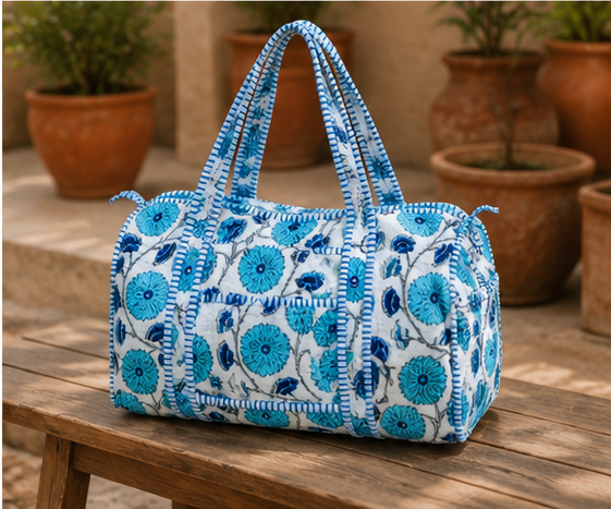 Hand-Printed Quilted Cotton Blue Tote Bag for Women | Reversible Beach Tote | 18x18 Ethnic Canvas Bag - kraafty-com