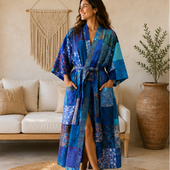 Vintage Kantha Kimono Robe — Handmade Cotton Blue Dressing Gown