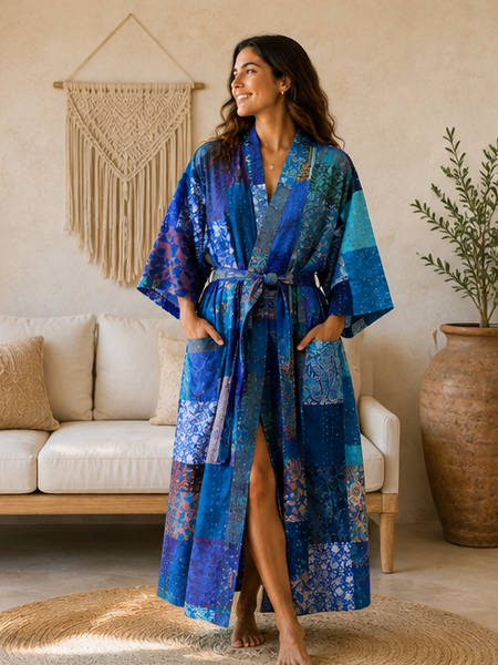 Vintage Kantha Kimono Robe — Handmade Cotton Blue Dressing Gown