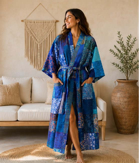 Vintage Kantha Kimono Robe — Handmade Cotton Blue Dressing Gown