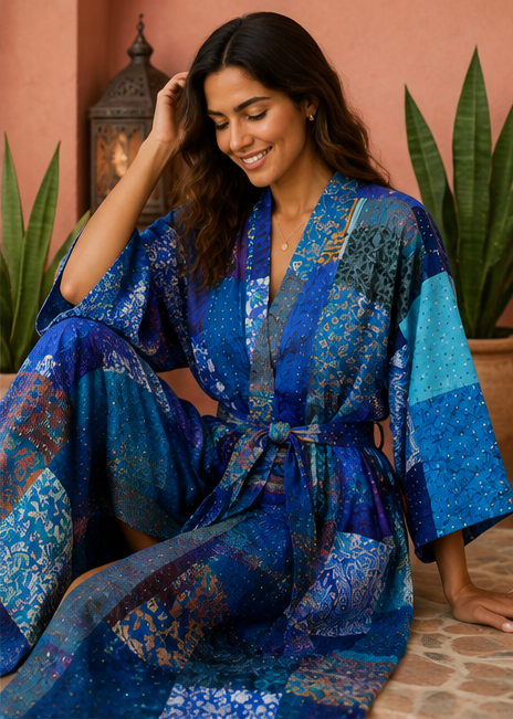 Vintage Kantha Kimono Robe — Handmade Cotton Blue Dressing Gown