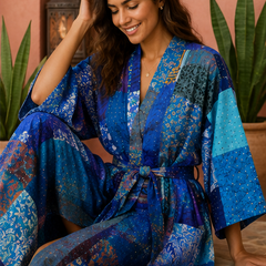 Vintage Kantha Kimono Robe — Handmade Cotton Blue Dressing Gown