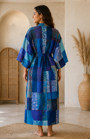 Vintage Kantha Kimono Robe — Handmade Cotton Blue Dressing Gown