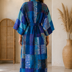 Vintage Kantha Kimono Robe — Handmade Cotton Blue Dressing Gown